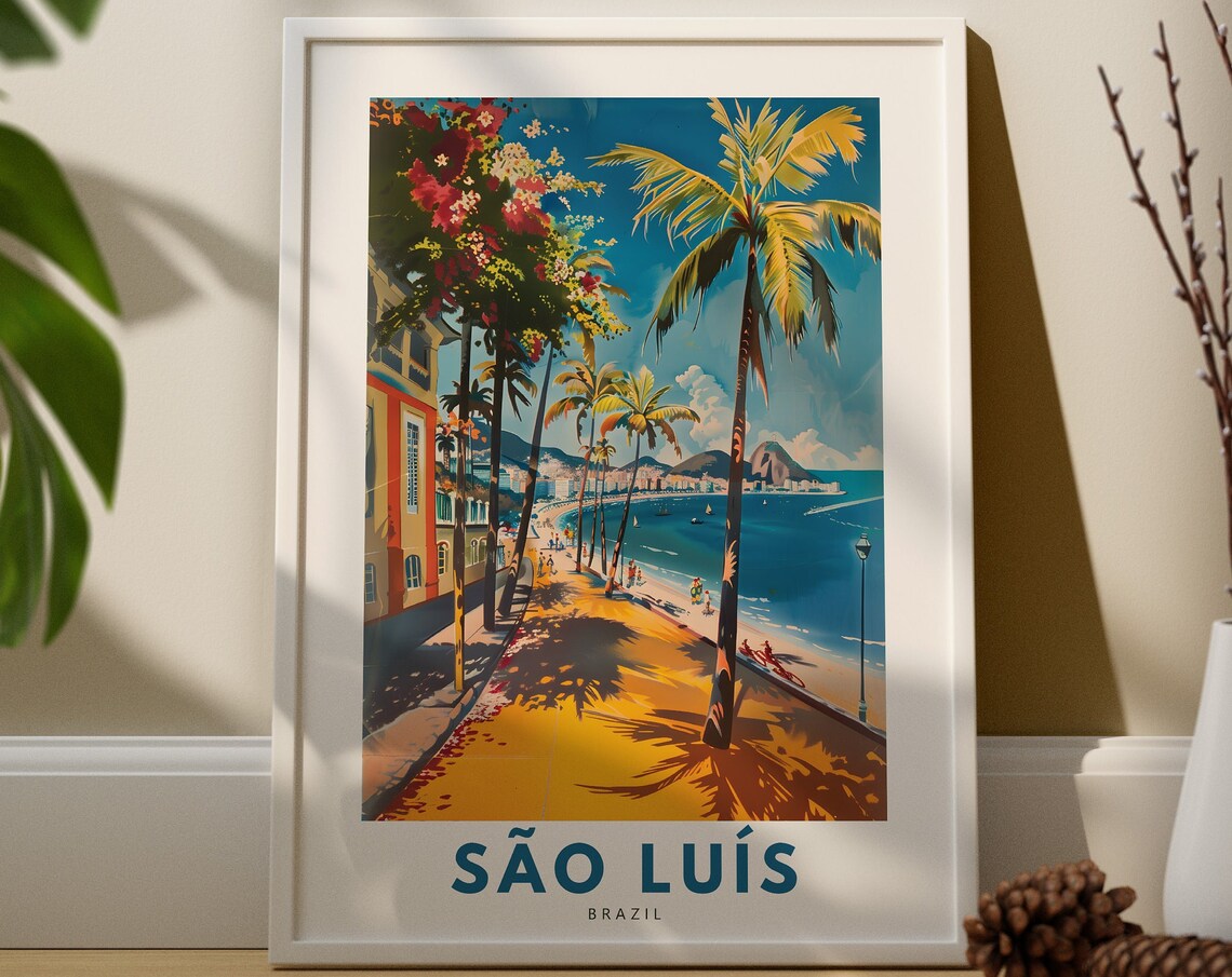 Sao Luis Brazil Travel Poster Beach Promenade Palms Ocean Sunset View