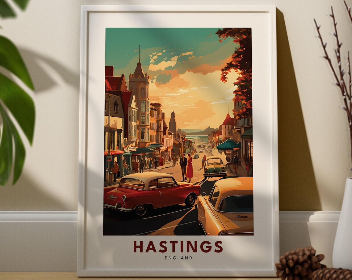 Hastings England Retro Seaside Street Sunset Vintage Travel Poster