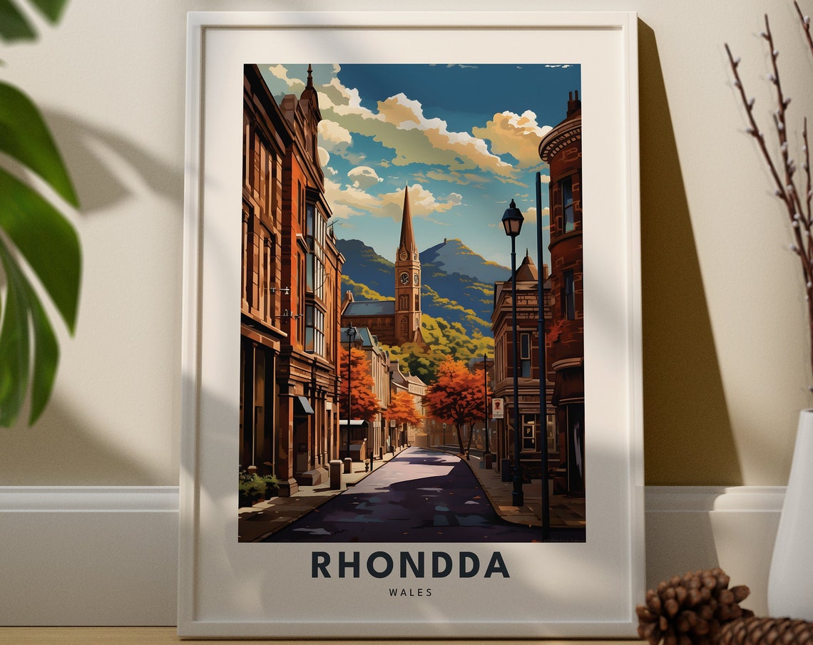 Rhondda Wales Mountain Street Church Travel Illustration Poster