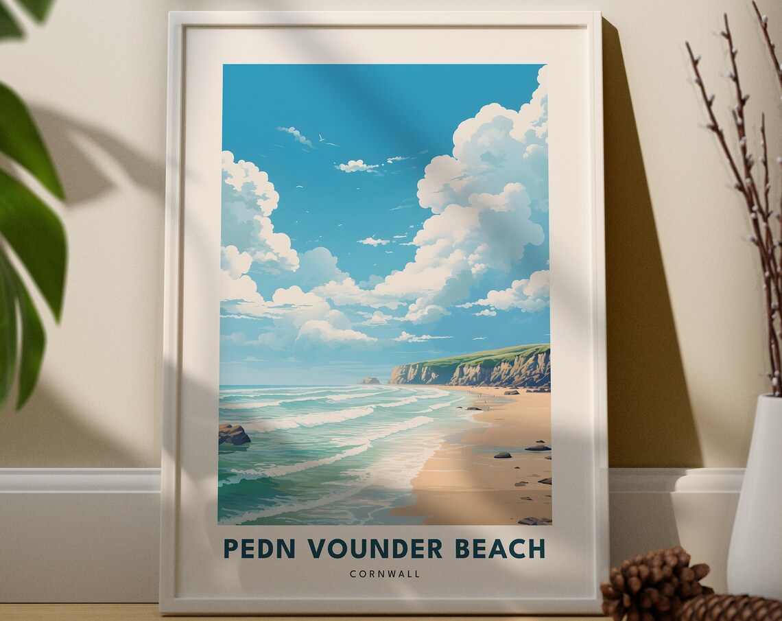 Pedn Vounder Beach Cornwall Retro Coastal Travel Poster Sandy Cove