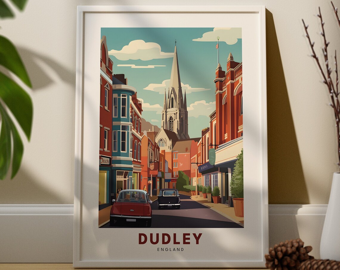 Dudley England Vintage Town Street Church Spire Travel Poster