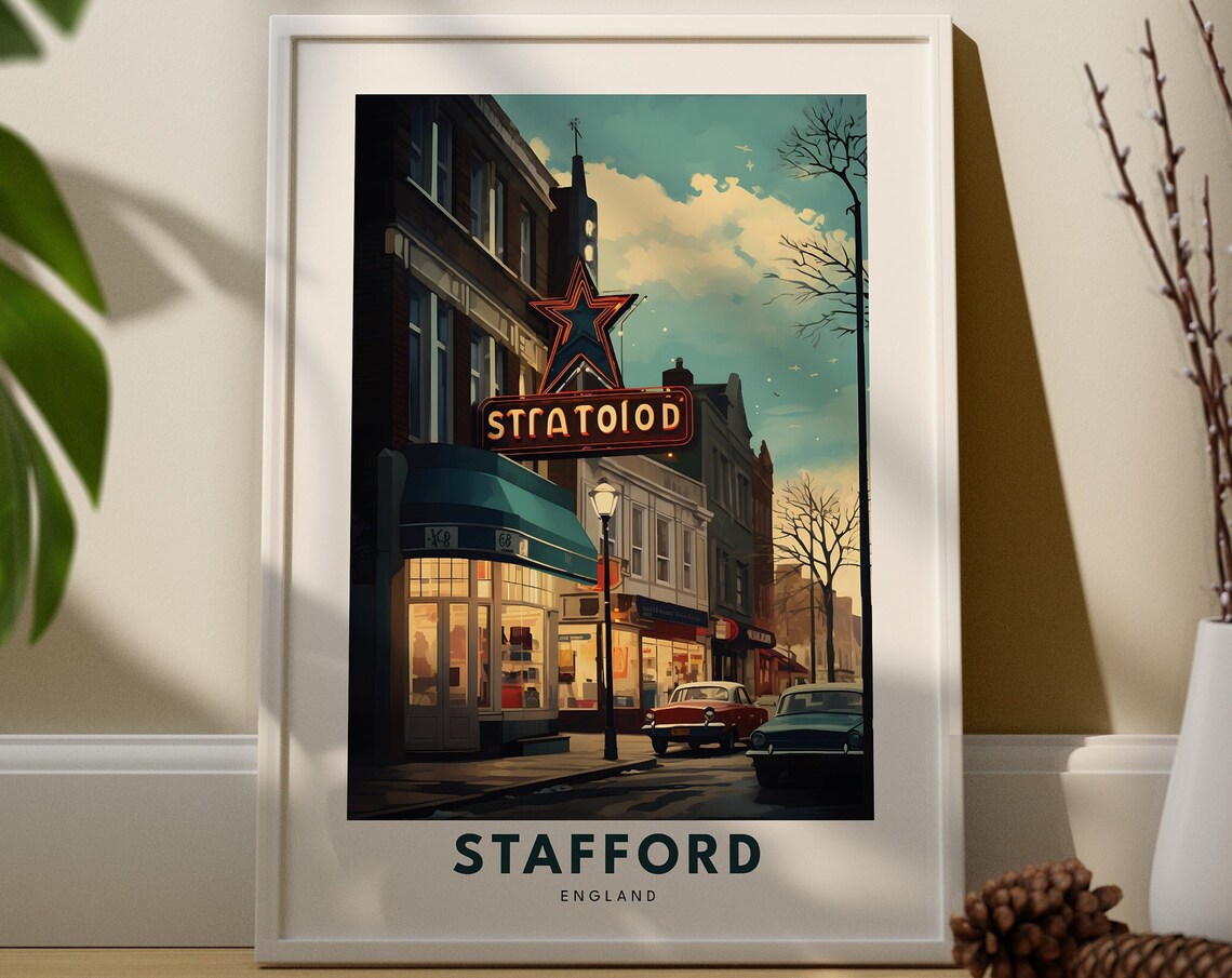 Stafford England Retro Neon Star Cinema Street Classic Cars Travel Poster