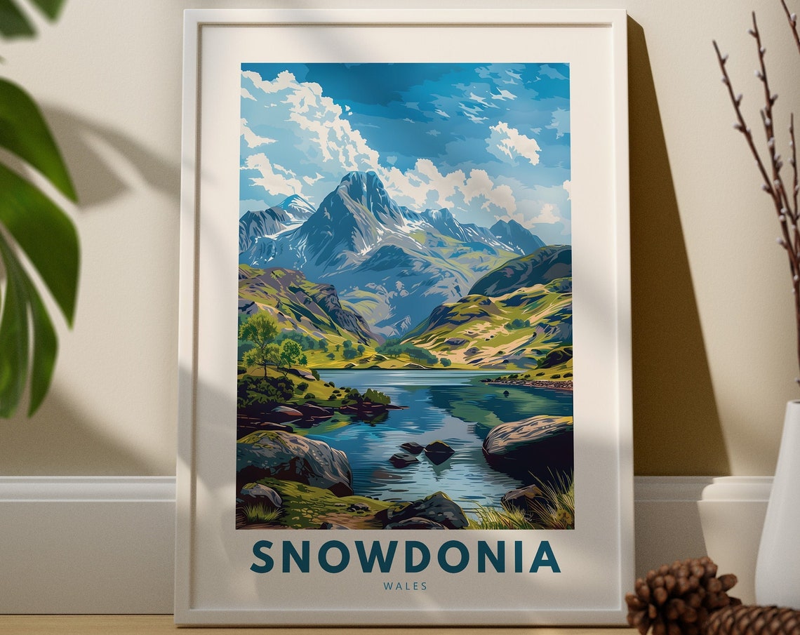 Snowdonia Wales Mountain Lake National Park Vintage Travel Poster