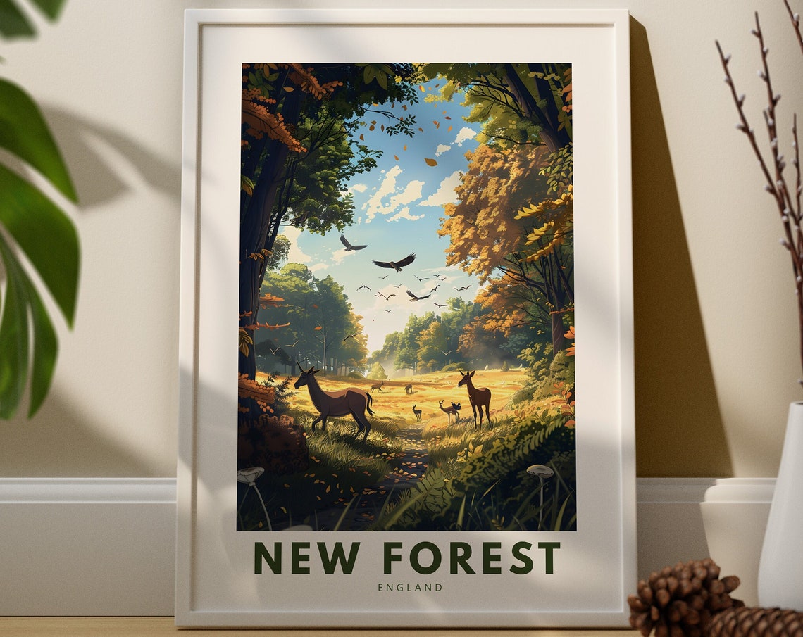 New Forest England Travel Poster Deer Autumn Woodland Nature Art