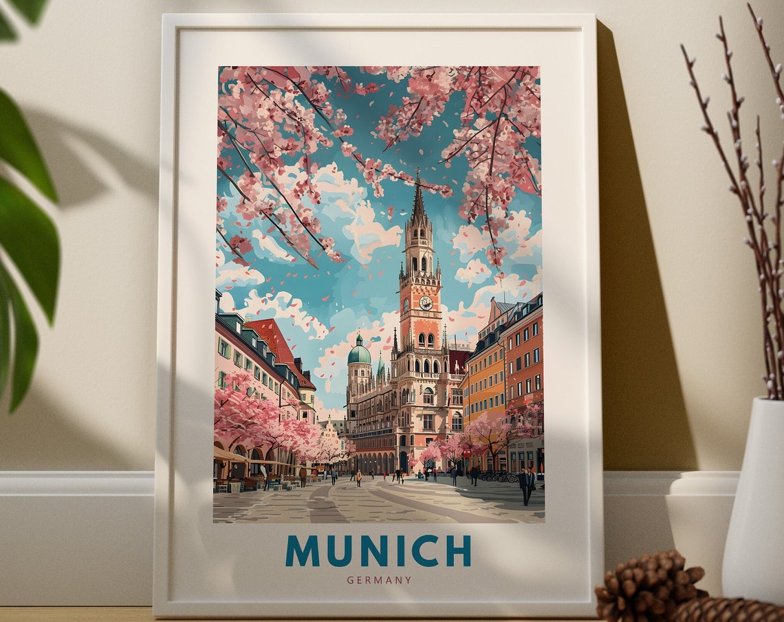 Munich Germany Travel Poster Cherry Blossom Spring at Marienplatz Art