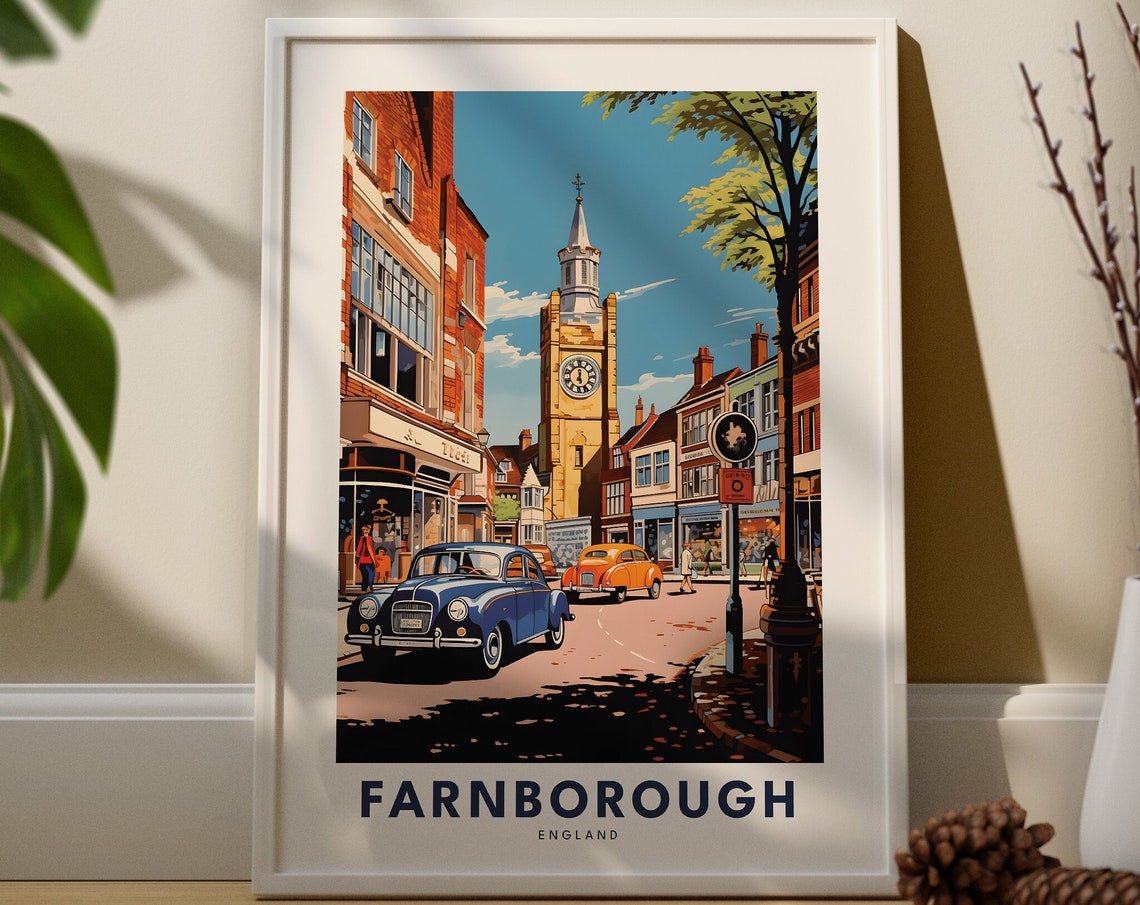 Farnborough England Vintage Clock Tower Street Travel Poster