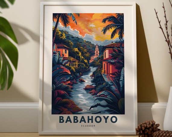 Babahoyo Ecuador Tropical River Town Sunset Vintage Travel Poster