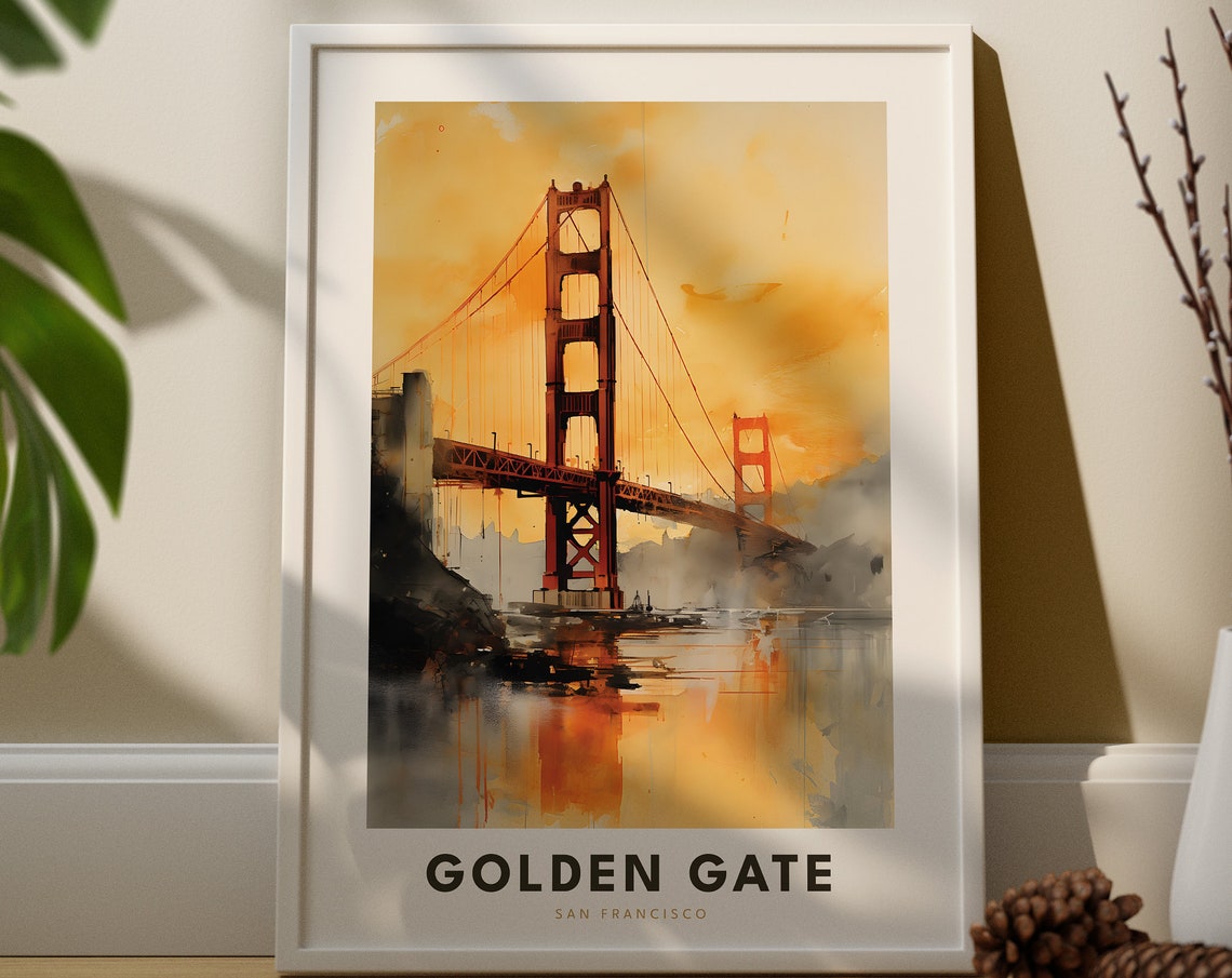 Golden Gate Bridge San Francisco Sunset Watercolor Travel Print