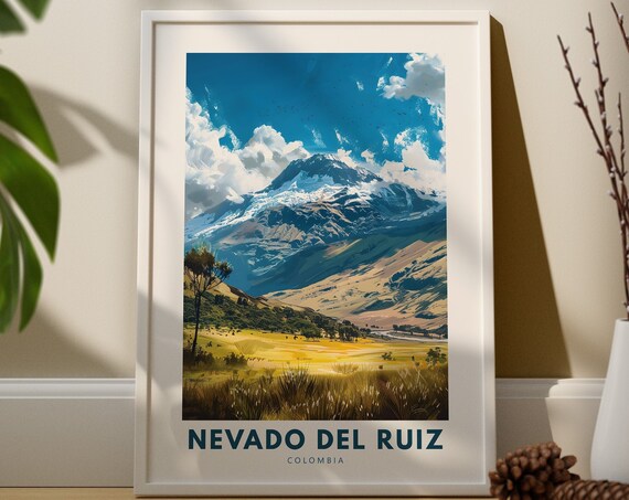 Nevado del Ruiz Colombia Vintage Snowy Volcano Travel Poster