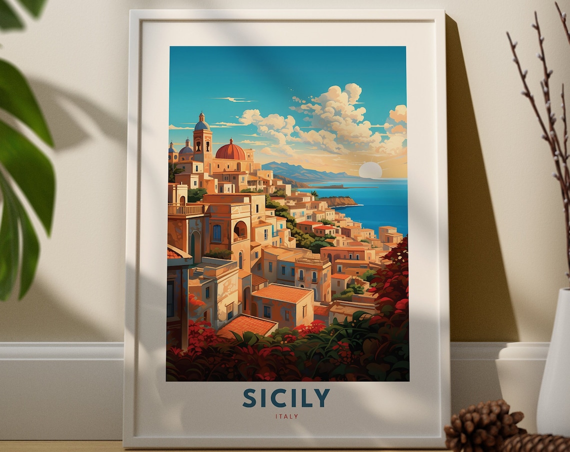 Sicily Italy Hilltop Town Sunset View Vintage Travel Art Poster