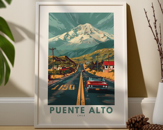 Puente Alto Chile Mountain Road Classic Car Travel Poster Illustration