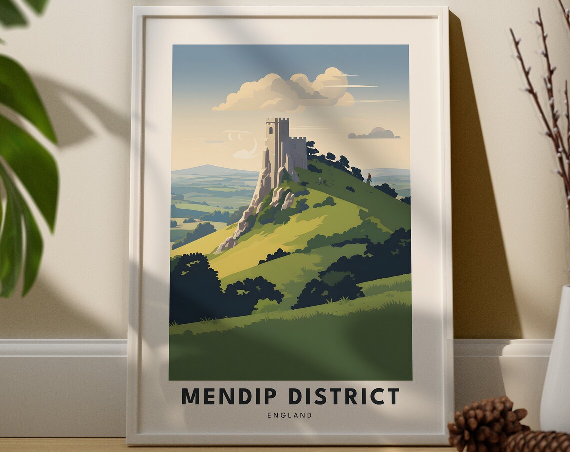 Mendip District England Glastonbury Tor Hilltop Vintage Travel Poster
