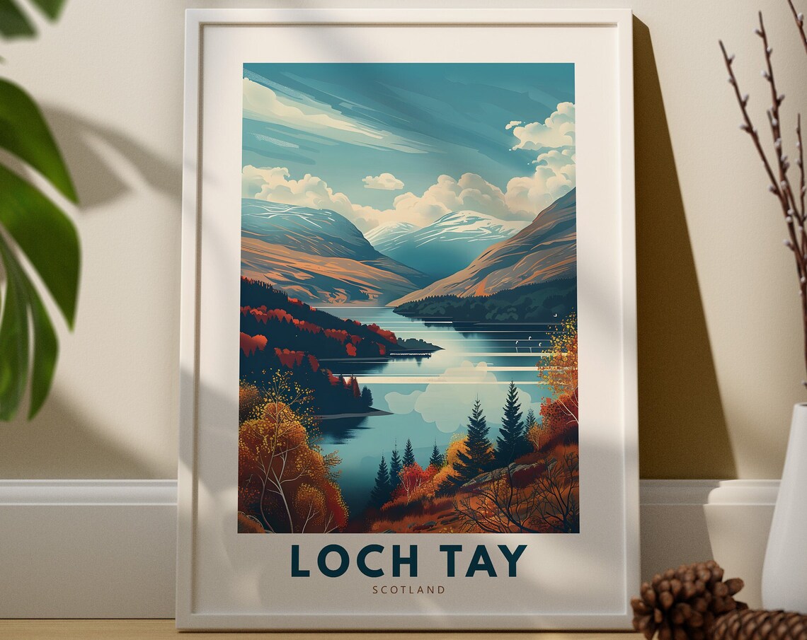 Loch Tay Scotland Travel Poster Autumn Lake Mountain Scenery View