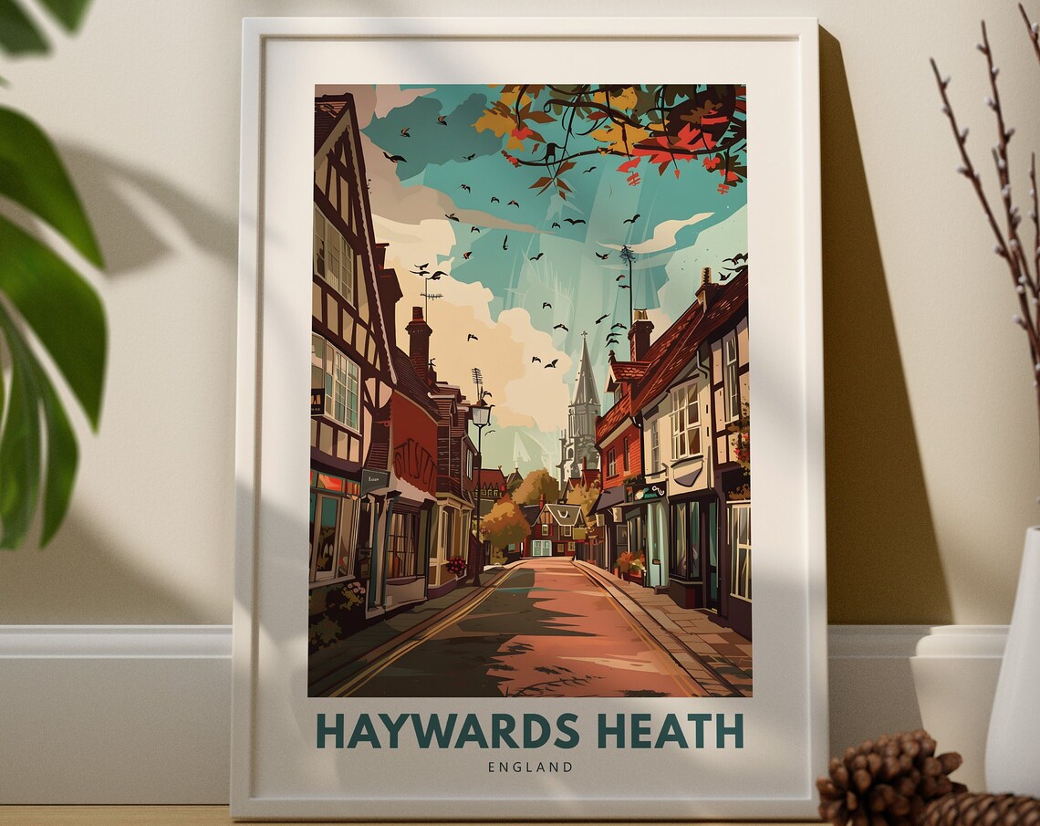 Haywards Heath England Vintage High Street Tudor Buildings Travel Poster