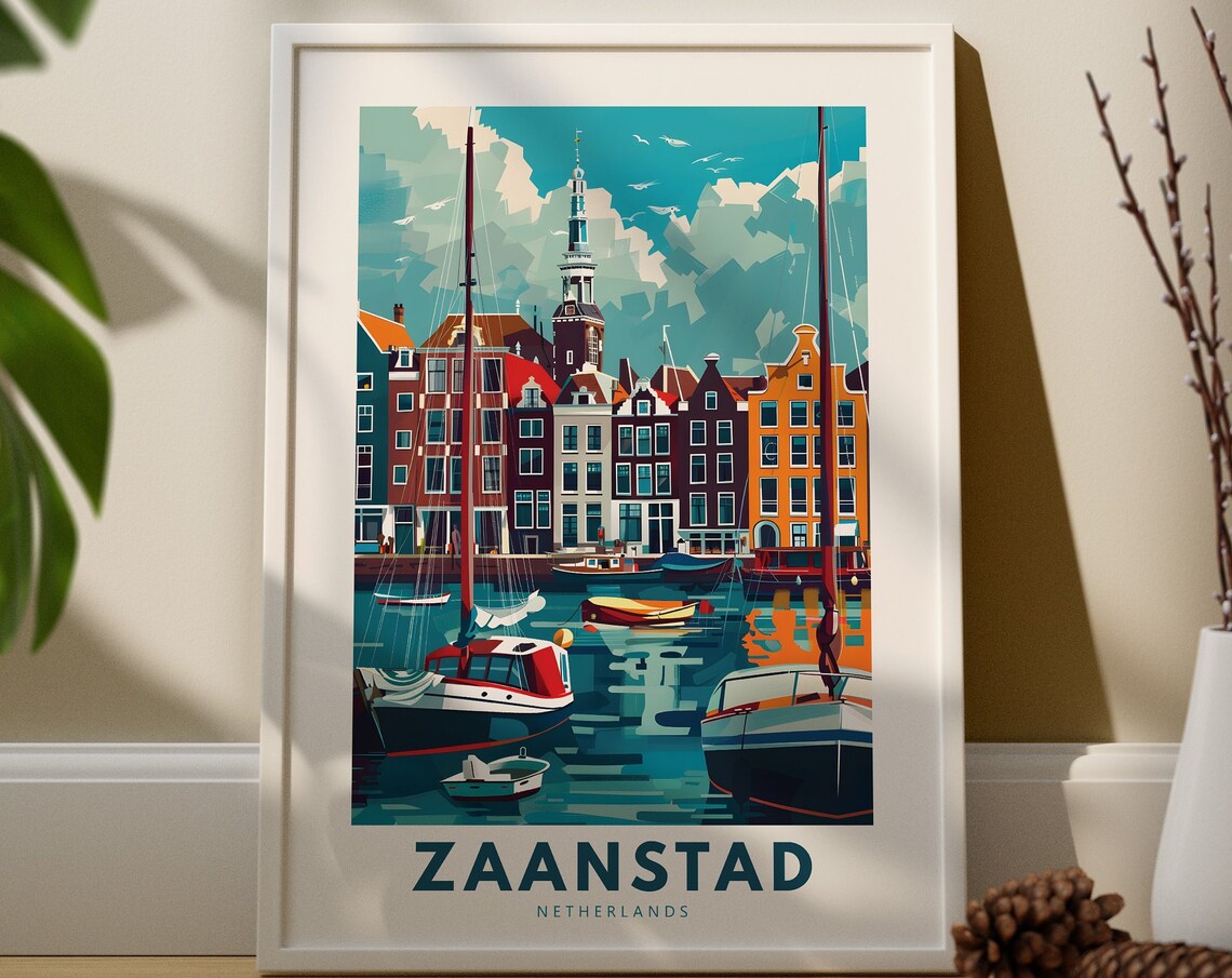 Zaanstad Netherlands Travel Poster Harbor Boats and Dutch Houses Art
