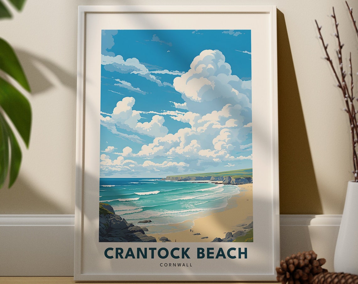 Crantock Beach Cornwall England Retro Coastal Seaside Travel Poster