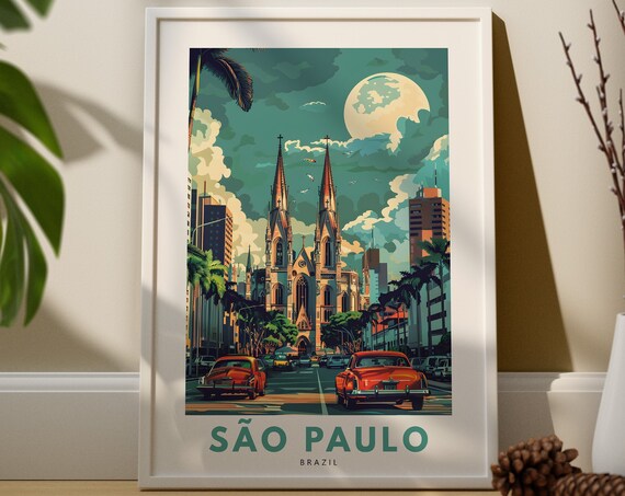 Sao Paulo Brazil Vintage Travel Poster Cathedral Under Moonlight Sky