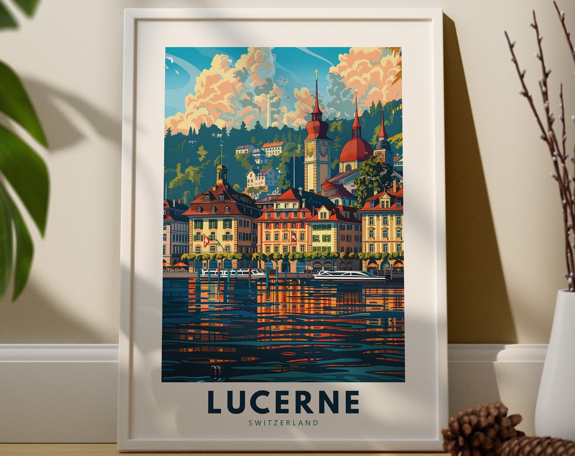 Lucerne Switzerland Travel Poster Lakeside Old Town Sunset Reflection