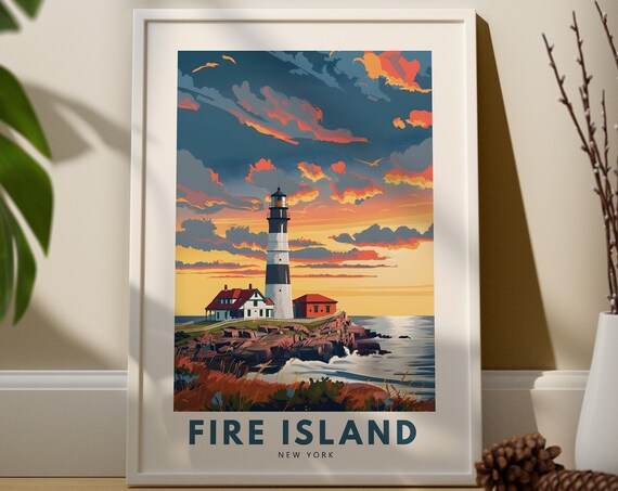 Fire Island New York Travel Poster with Lighthouse at Sunset