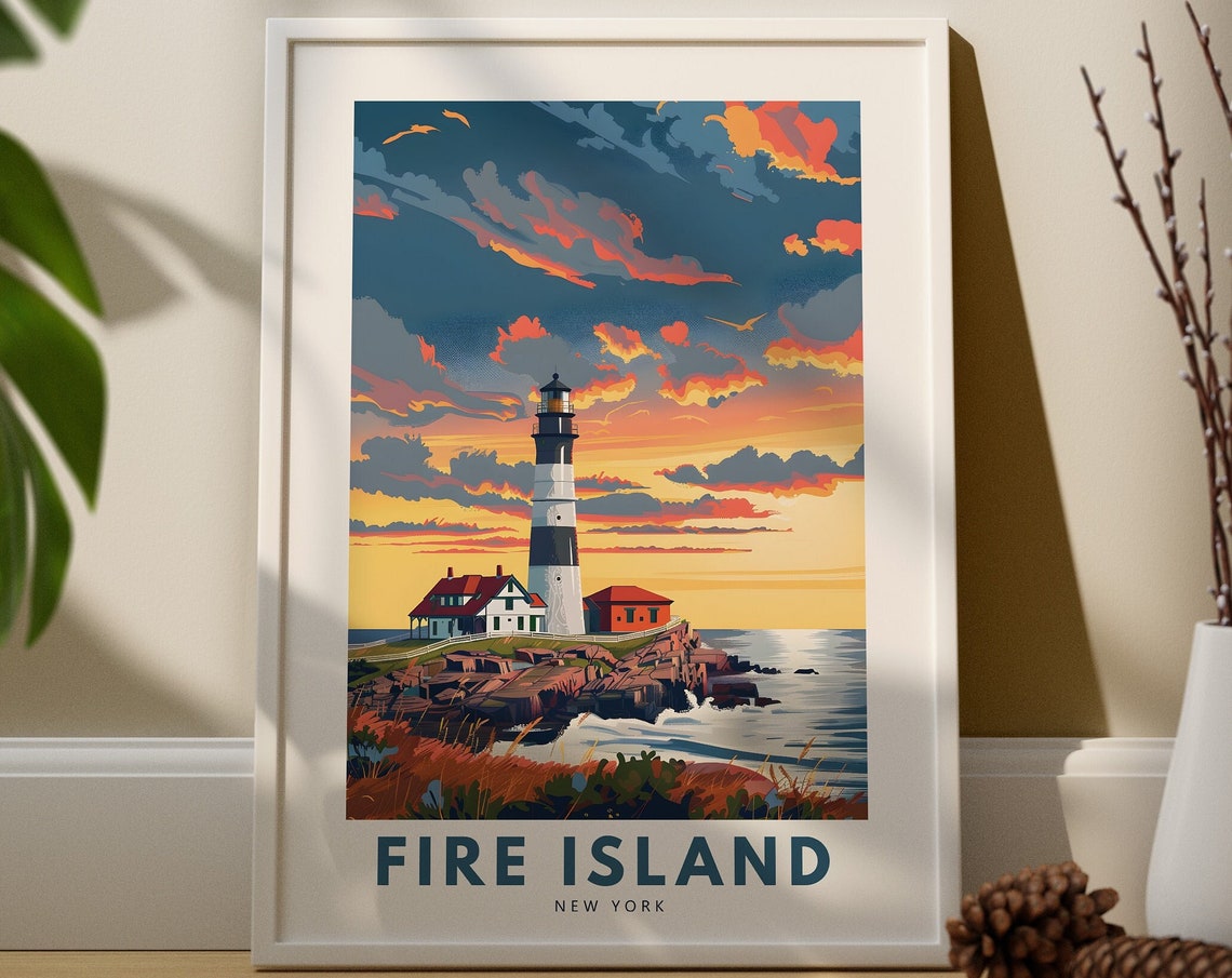 Fire Island New York Travel Poster with Lighthouse at Sunset