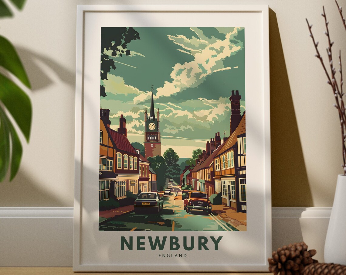 Newbury England Vintage Travel Poster Classic Cars and Church Tower
