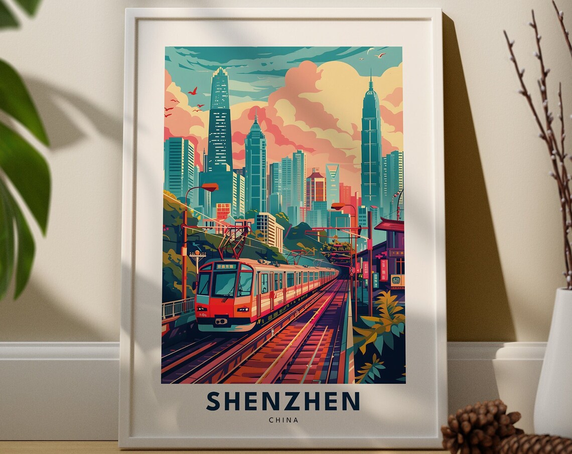 Shenzhen China Metro Train Skyscraper Cityscape Retro Travel Poster