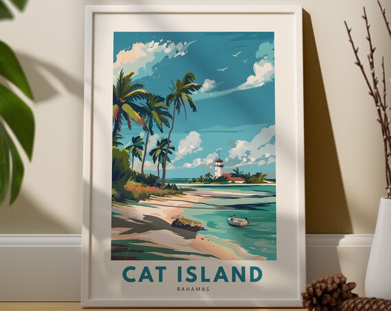 Cat Island Bahamas Travel Poster with Palm Beach and Lighthouse