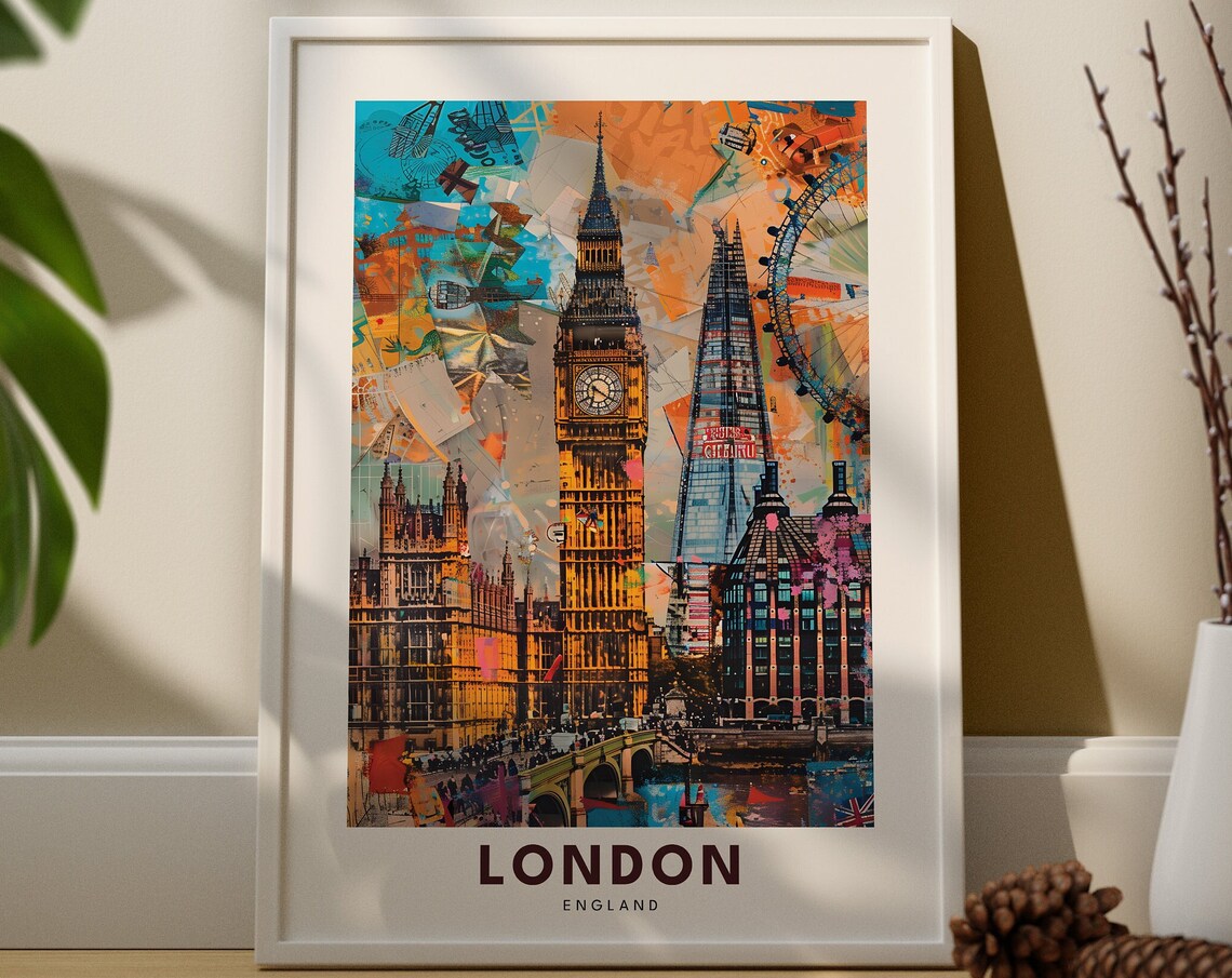 London England Big Ben Shard Eye Collage City Landmarks Art Poster