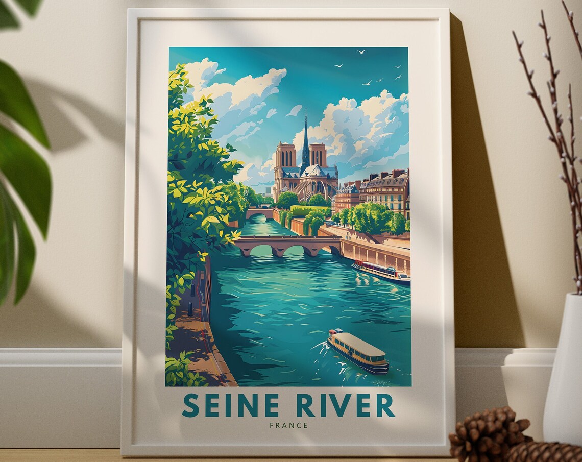 Seine River Paris Notre-Dame Vintage France Travel Art Poster