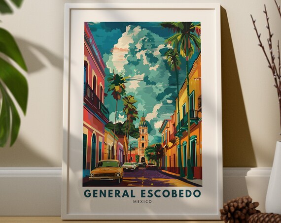General Escobedo Mexico Palm Street Cathedral Colorful Travel Poster
