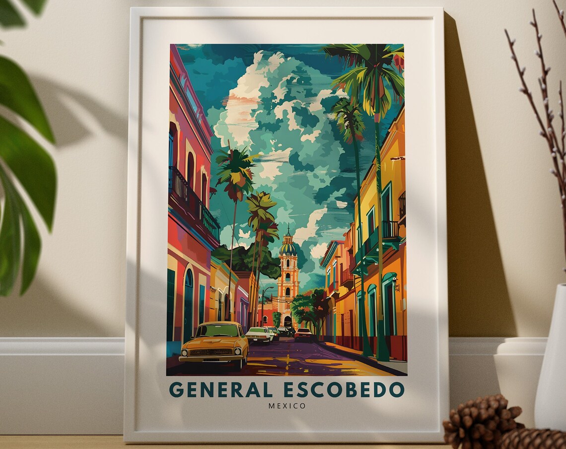General Escobedo Mexico Palm Street Cathedral Colorful Travel Poster