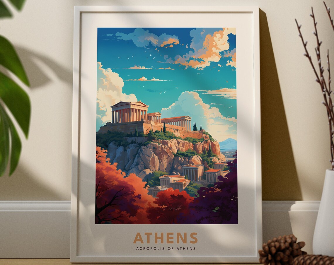 Athens Greece Travel Poster Acropolis Parthenon Sunset Landmark View