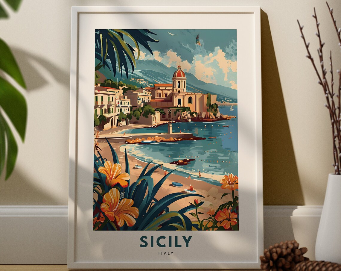 Sicily Italy Coastal Church Beach Hibiscus Flowers Travel Poster