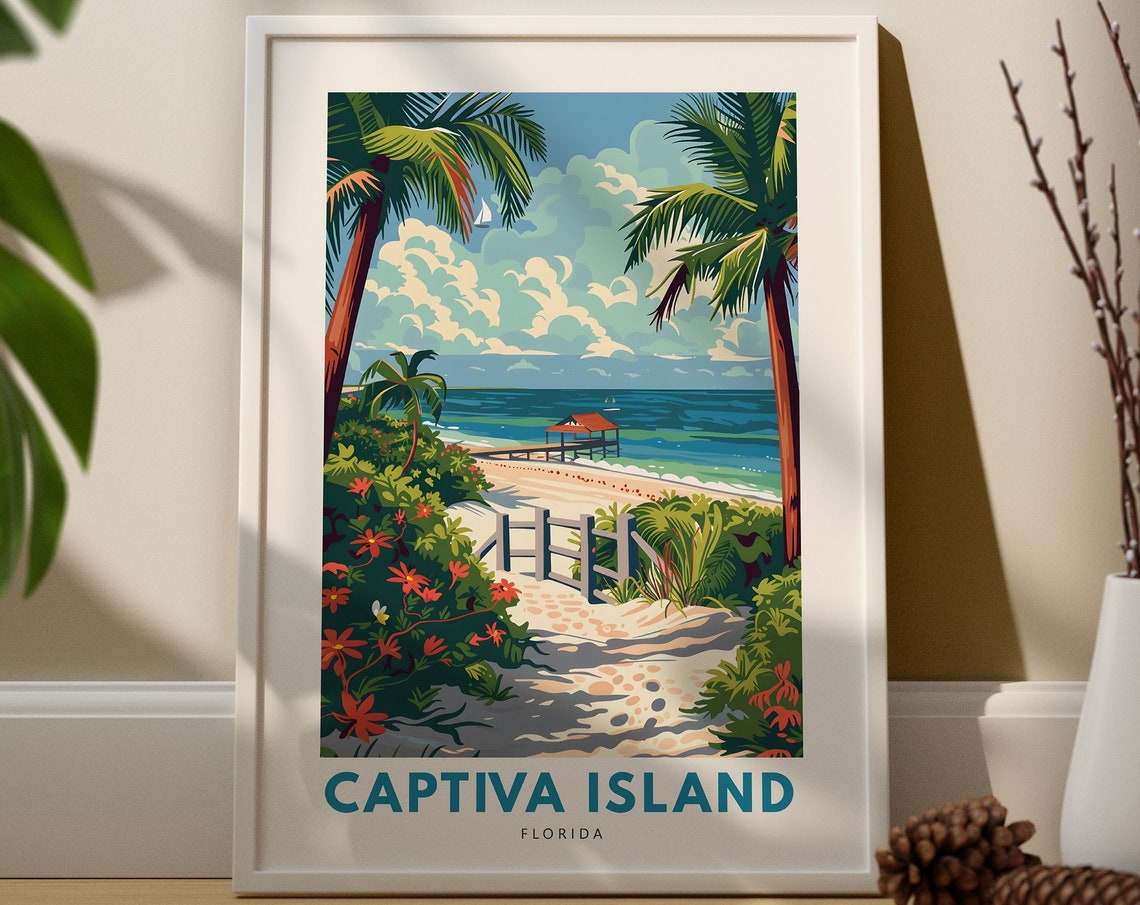 Captiva Island Florida Beach Path Palm Pier Tropical Travel Poster