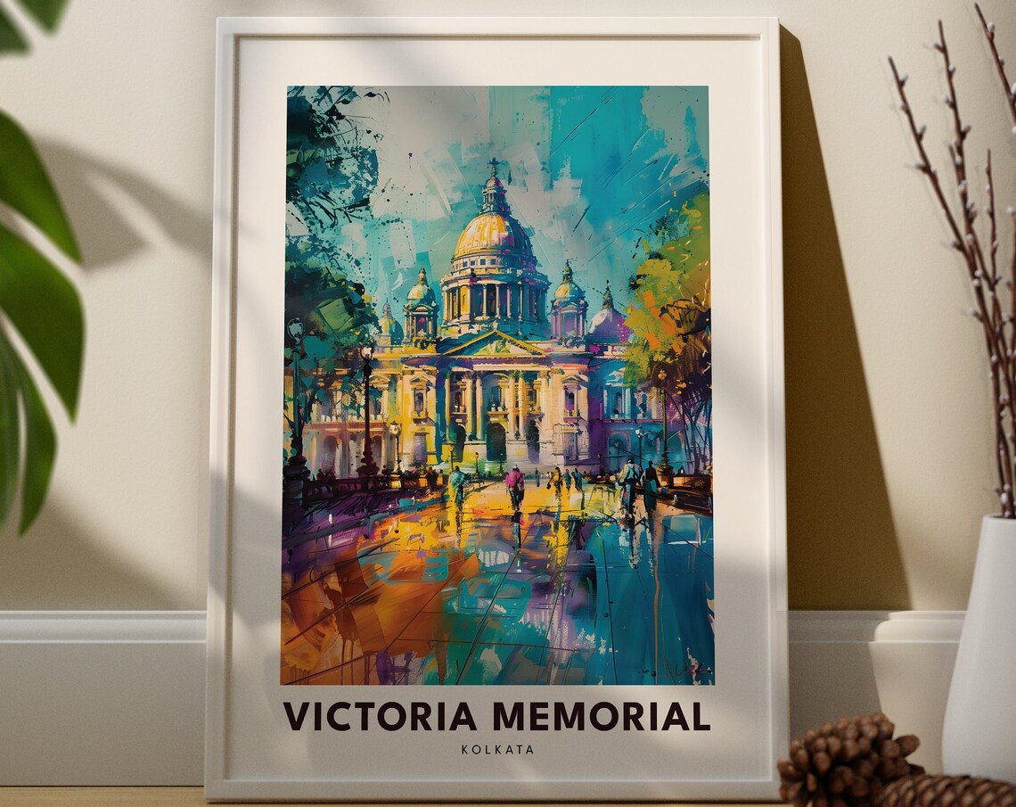 Victoria Memorial Kolkata Colorful Travel Poster Painted Palace Scene Art