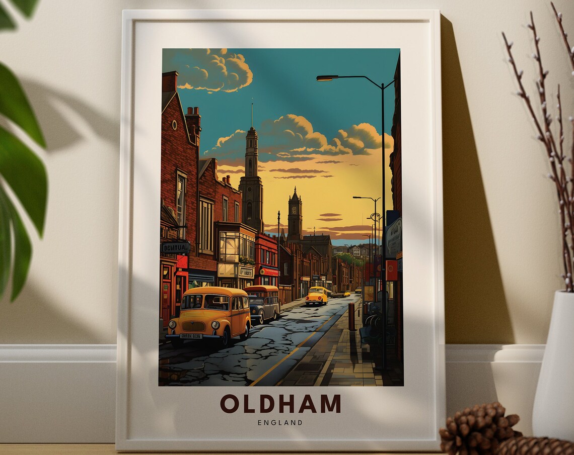 Oldham England Retro Street Church Spires Sunset Vintage Travel Poster