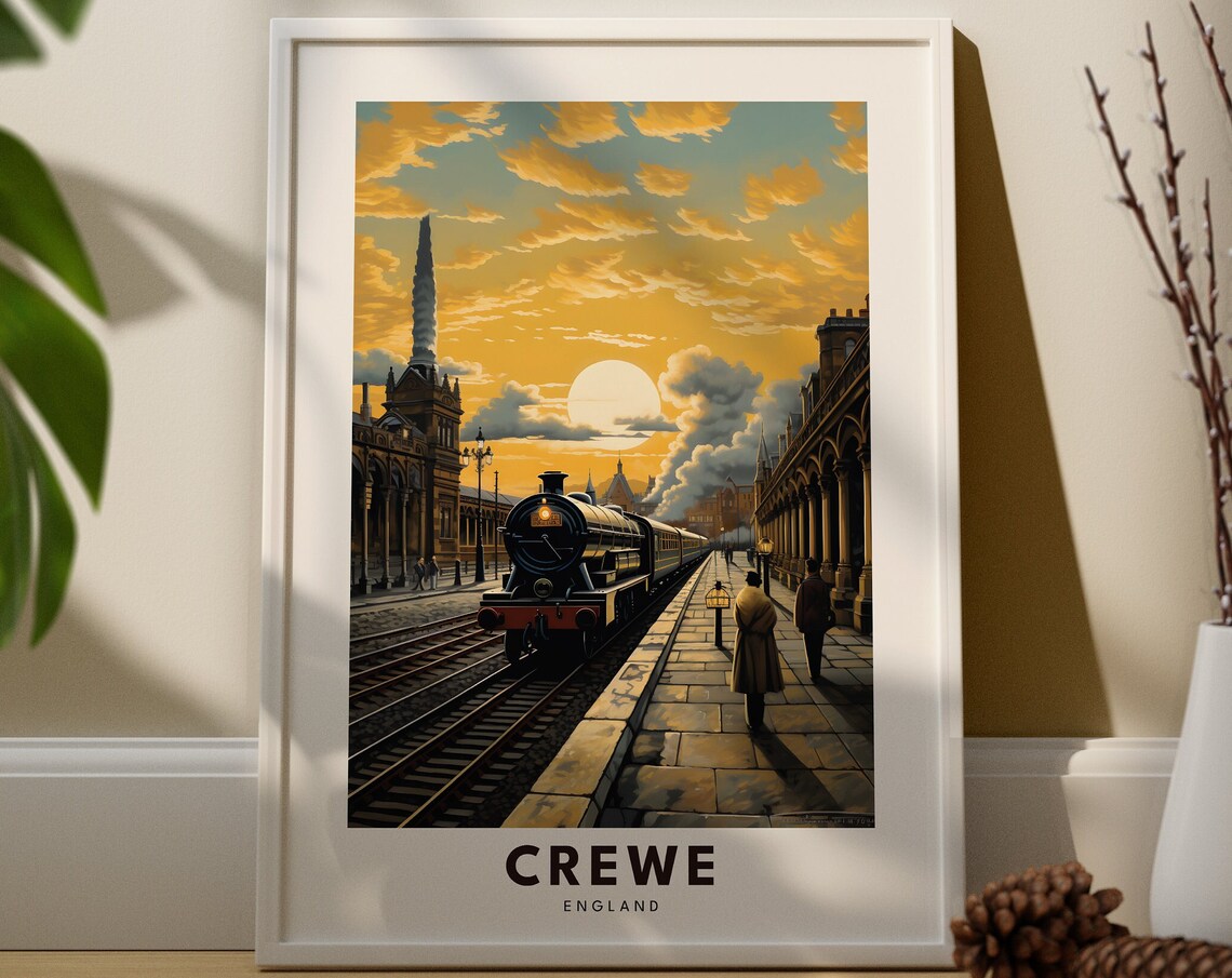 Crewe England Vintage Steam Train Station Golden Sunset Railway Travel Poster