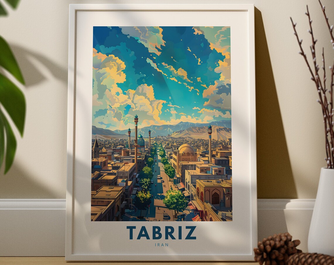 Tabriz Iran Cityscape Travel Poster Golden Skyline with Minarets and Domes