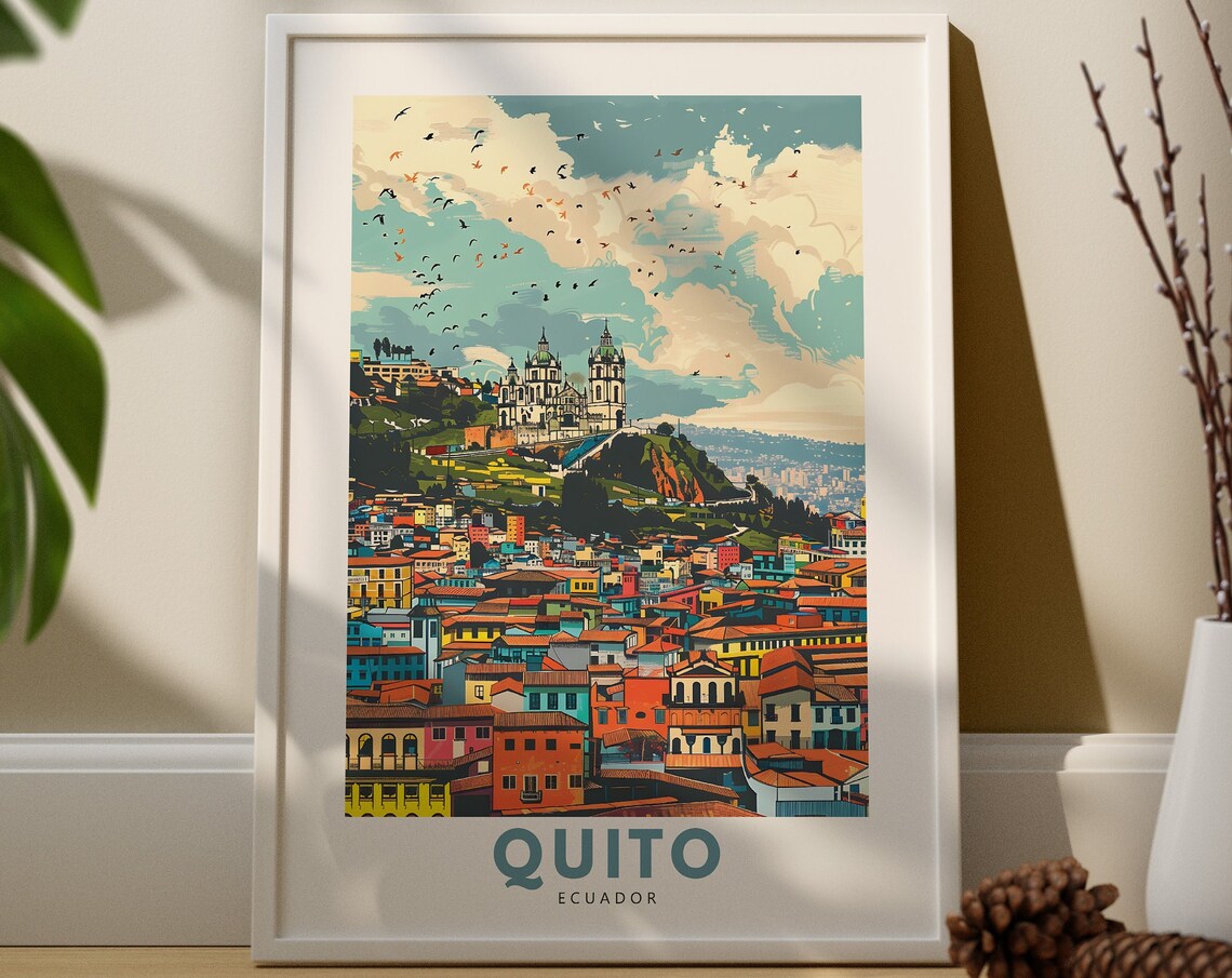 Quito Ecuador Colonial City Basilica Hill Vintage Travel Poster