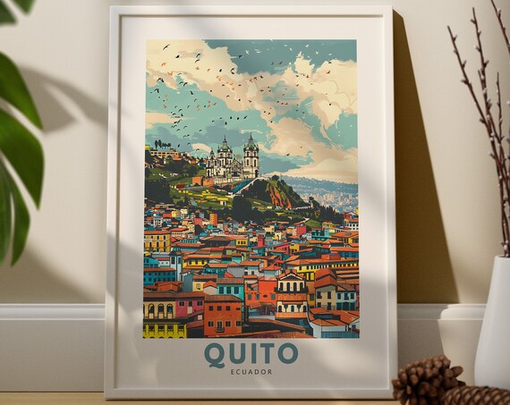 Quito Ecuador Colonial City Basilica Hill Vintage Travel Poster