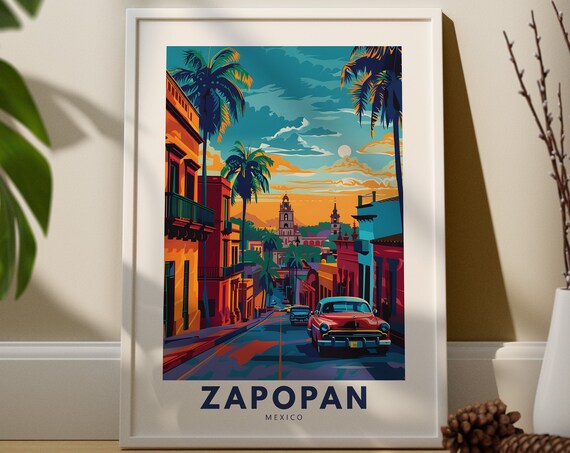 Zapopan Mexico Palm Street Sunset Classic Car Travel Art Poster
