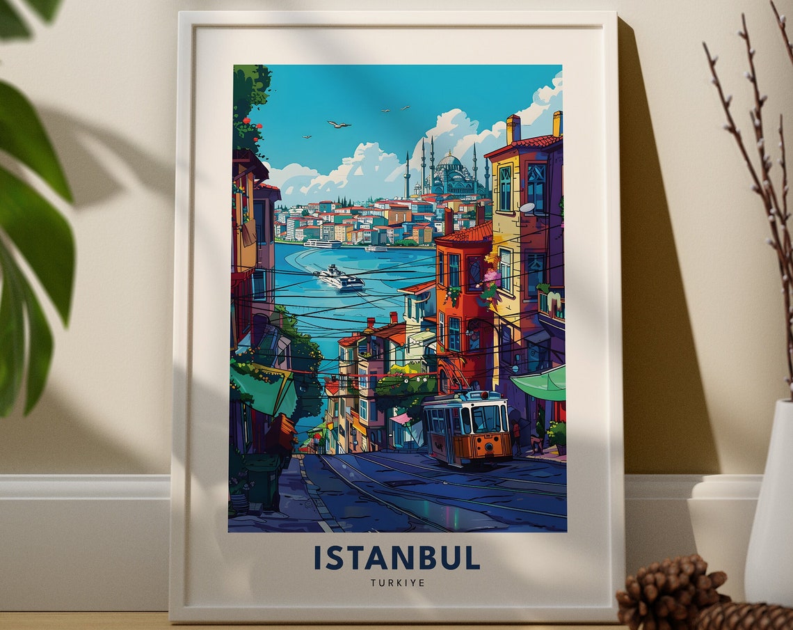 Istanbul Turkiye Travel Poster with Historic Tram and Mosque Skyline