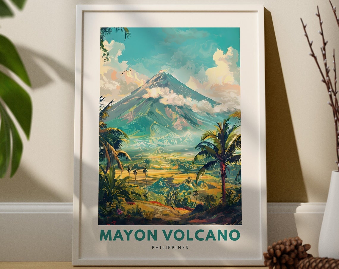 Mayon Volcano Philippines Tropical Palm Landscape Travel Poster