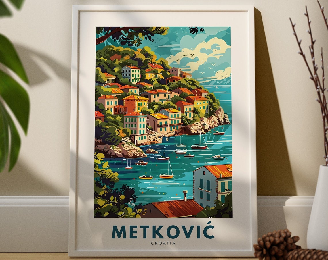 Metković Croatia Hillside Harbor Village Vintage Travel Poster