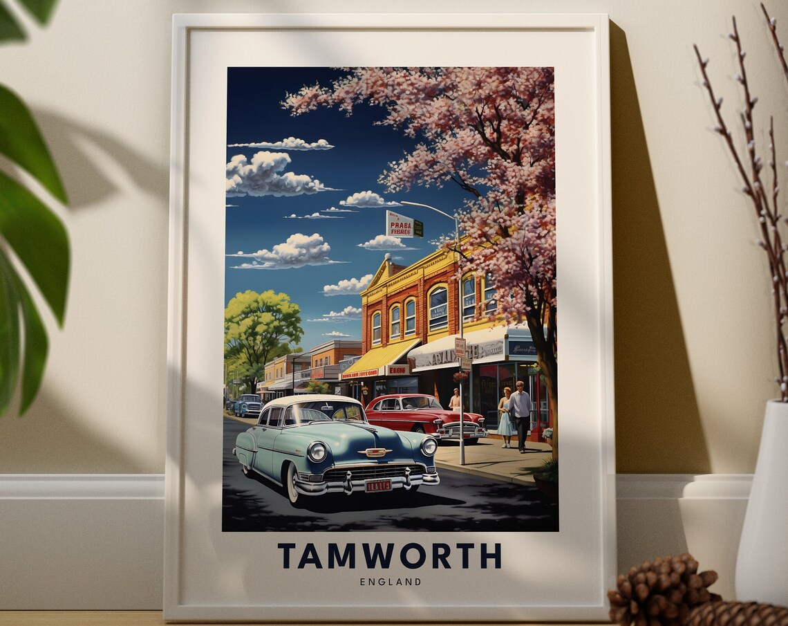 Tamworth England 1950s Main Street Classic Cars Travel Poster