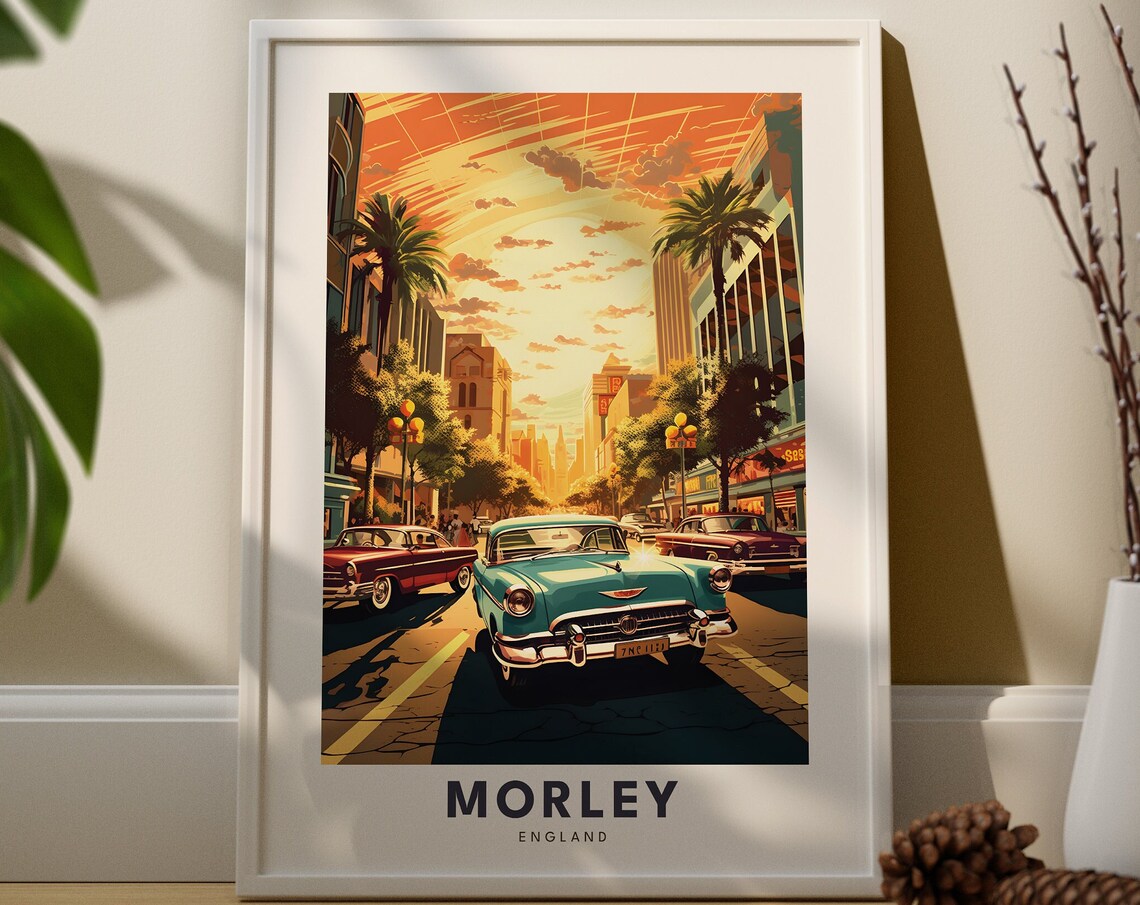 Morley England Classic American Cars Retro Street Scene Travel Poster