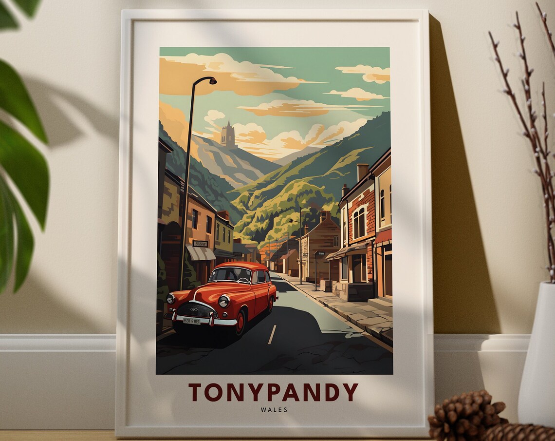 Tonypandy Wales Red Vintage Car Mountain Street Valley Travel Art Poster