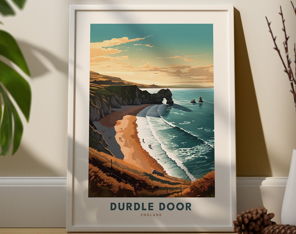 Durdle Door England Limestone Arch Beach Sunset Travel Poster