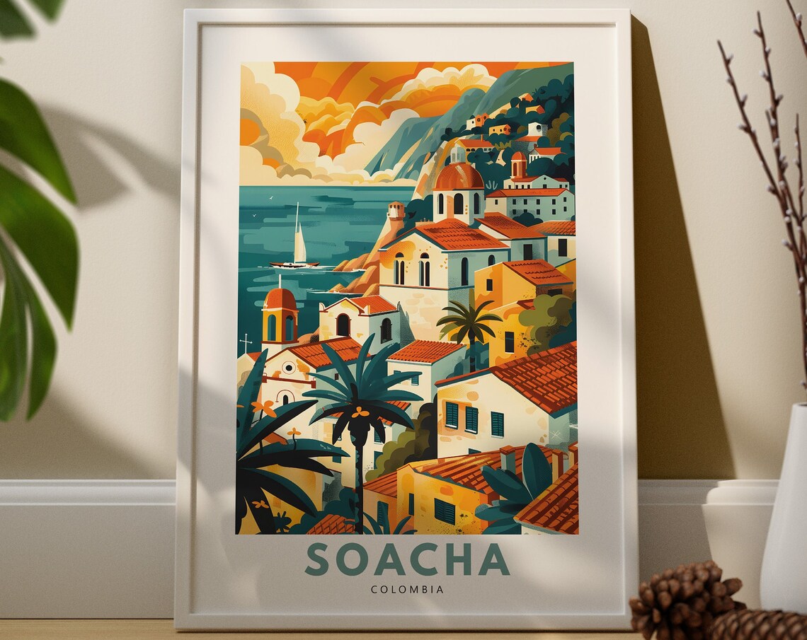 Soacha Colombia Coastal Town Sailboat Sunset Harbor Travel Art Poster