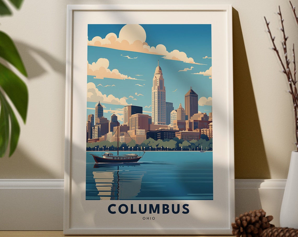 Columbus Ohio Retro Skyline Travel Poster With Sailboat Harbor
